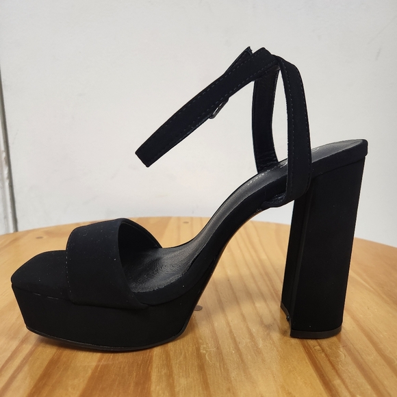 Black Nubuck Platform Chunky Heels with ankle Strap - Picture 6 of 9